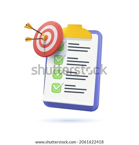 Assignment target icon. Clipboard, checklist symbol. 3d vector illustration. Project task management and effective time planning tools. Project development icon. 3d vector illustration. Work organizer