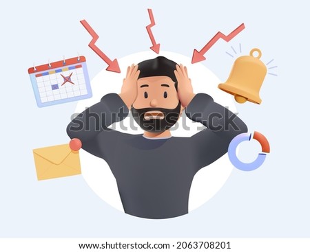 Stressed young man failed to meet deadline. Deadline pressure, stressful job.3d vector people character illustration. Information overload or job burnout with stress and chaos tiny person concept.