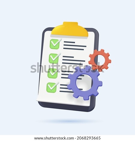 Clipboard and gear icon. Project management, software development concept. Checklist with cog. 3d vector illustration. Data organized, Document project, Project management, Planning, Monitoring icon.