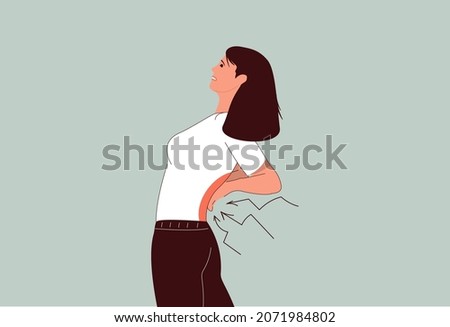 Suffering from Chronic back pain concept. Young woman standing holding her lower back suffering from unbearable pain vector illustration. Woman holding her back in pain. Lower back pain. Vector people