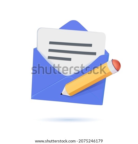 Written message in envelope. Yellow open volumetric package with note. Pink stylish pen for writing. Symbol for sending advertisements and tickets by email. Vector 3d realistic icon. Marketing mail.