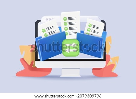 File transfer concept. Two folder with document and files transfering. 3d vector illustration. File transfer. Files transferred encrypted form. Program for remote connection between two computers.
