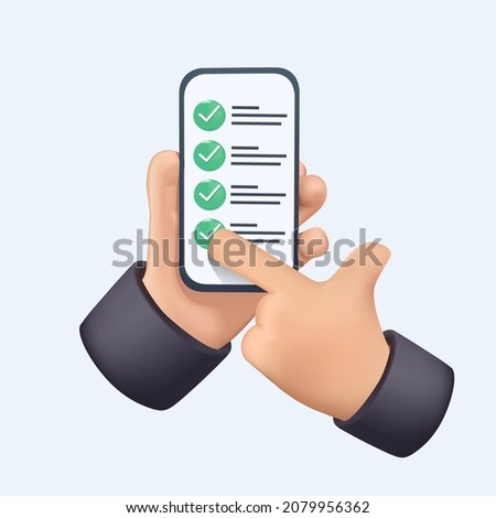 Hand holding mobile smart phone with сhecklist app. Successful completion of business tasks. 3D Web Vector Illustrations. Month planning, to do list, time management. Plan fulfilled, task completed.