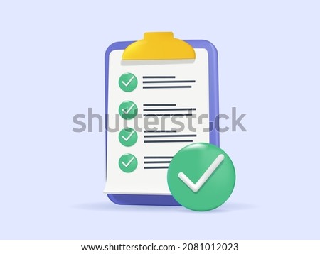 Assignment done icon. Clipboard, checklist symbol. 3d vector illustration. Clipboard with checklist icon. Flat illustration of clipboard with checklist icon for web. 3D free to edit. To do list icon.