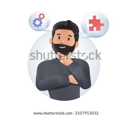 Young man thinking, searching idea, trying to find a solution. Brainstorming concept. 3d vector people character illustration. Wonder creative answer, cartoon exclamation, communication. Problem doubt