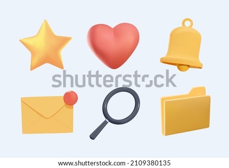 3d realistic vector icon set. Bell, heart, star, mail, magnifier, wrench, folder, document symbols. Business objects. UI, UX design icons kit. Marketing, business icons isolated on white. 3D free edit