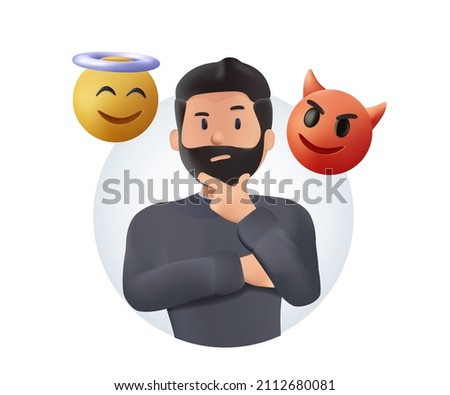 The demon, good and bad, is talking to a worried man. 3D free to edit vector. Do and Don't symbols. Business problem, idea, decision making and solution, job and career path concept, confusing man