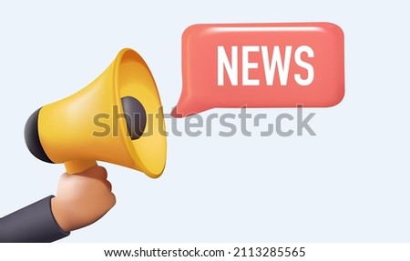 News concept. Marketing time concept, realistic 3d megaphone, loudspeaker with lightning. Latest news megaphone label. Breaking news, 3D illustration free to edit, vector. Loudspeaker alert message.