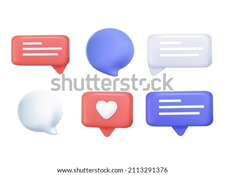 Set of 3d speak bubble. Chatting box, message box. 3D Web Vector Illustrations. 3D Chat icon set. Balloon 3d style of thinking sign symbol. UI interface icons free to edit. Message, like notification