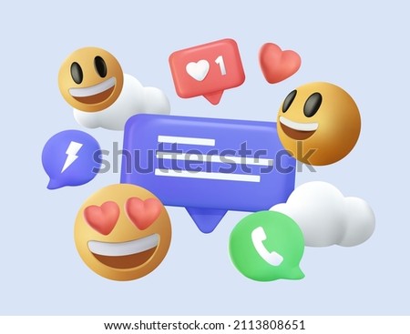 3D Social media platform, online social communication applications concept, emoji, hearts, chat on light blue background. 3d Vector illustration. Message notification. Cloud new message 3d messenger