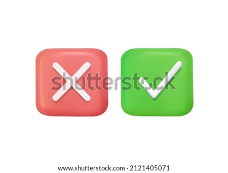 Checkmark icons. Green tick and red cross checkmarks. Check mark and X 3D stylized symbols. Assignment tasks icon. Speech bubbles with marks. 3d vector illustration. Daily goals and accomplishments.