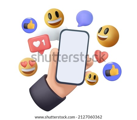 Modern 3D cartoon hand holding smartphone with Likes, hearts and smile notification icons on white background. Social media and marketing concept. Vector 3D illustration. 3D vector free to edit