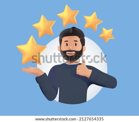 3d five stars the best estimate of performance, the score of five points. People leave feedback and comments, successful work is the highest score vector. 3d vector illustration on background