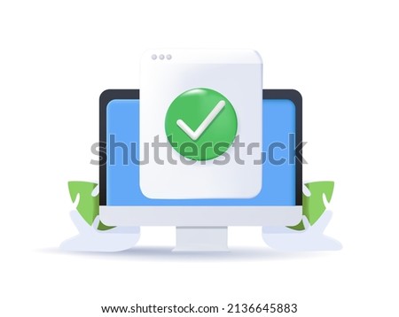 Document file with approved check mark on computer screen. 3d vector icon. Cartoon minimal style. Confirmed online document file check approval. Desktop or pc computer quality control of text writing Foto d'archivio © 