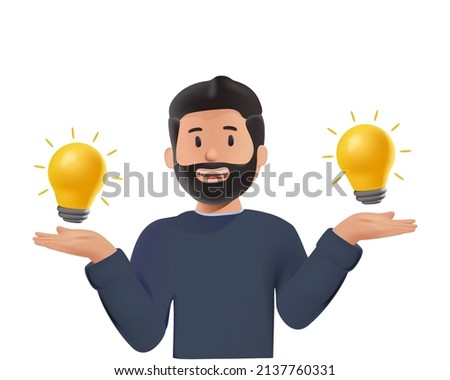 Vector business illustration of man with lightbulb choising right one, makind decision isolated on white background. The concept of idea, brainstorm, thinking, solution, eureka, bingo. Innovation Сток-фото © 