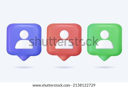 Collection minimalist user member new friend request 3d icon quick tips realistic vector illustration. Set personal account identification cyberspace profile internet notification speech bubble.