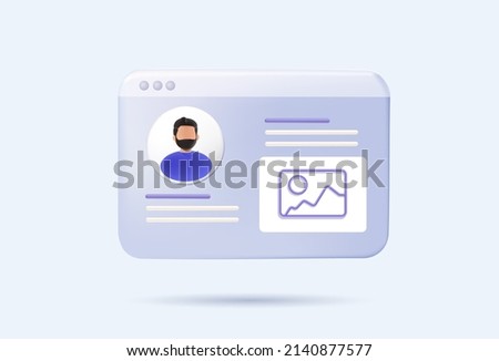 Web page interface design, web user, windows frame search. Web design and web development concept. 3d vector icon. Cartoon minimal style. Profile page design, UI UX social media template website. 3D