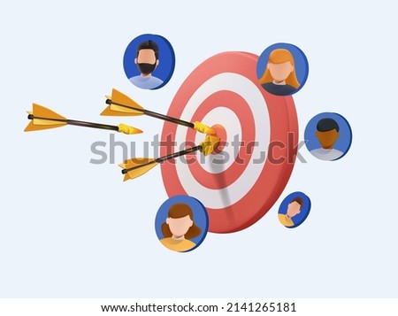 Target customer concept. Customer attraction campaign, accurate promo, advertising. 3D Web Vector Illustrations. Target customers, audience outreach, sales generation, flat design vector concept. 3D