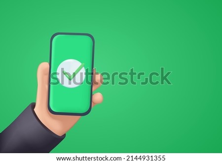 3d cute Hand holds smartphone and set a check mark on the screen. Vector illustration. Green check mark icon. Tick symbol in green color. Modern mockup. Vector illustration 3D icon free to edit.