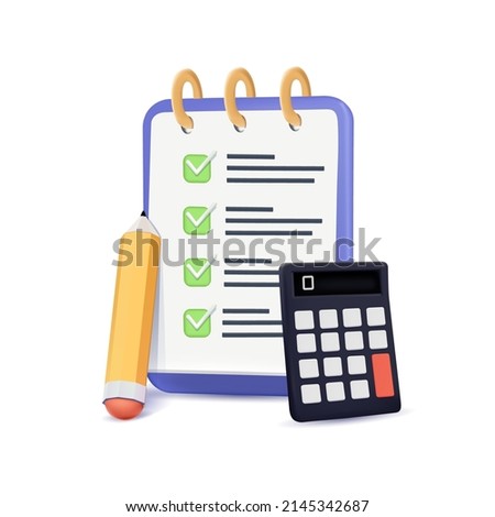 Shopping list for the store. Family budget concept. Planning finances and calculates budget. 3D Web Vector Illustrations. marked checklist on a clipboard paper. Successful completion of business tasks