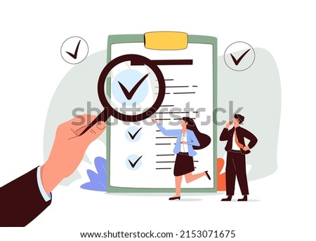 Traceability and product quality control with tracking tiny person concept. Source supply chain logistics verification and monitoring ability for ethical and transparent business vector illustration.