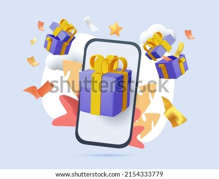 To issue gifts and coupons to consumers via mobile illustration. Phone, box, app, fortune. Gift-opening, sharing gifts online, greeting cards, guest invitation, unpacking present. 3D illustration