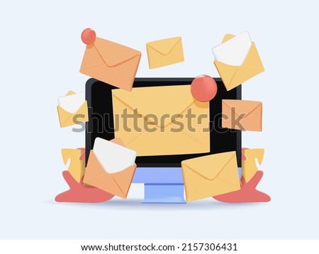 Internet communication. Spam, email marketing. Spamming mailbox. Online fraud, mail, letters. 3D modern isolated illustration. Malicious e-mail, work overload. Malware spreading virus. 3D icons set
