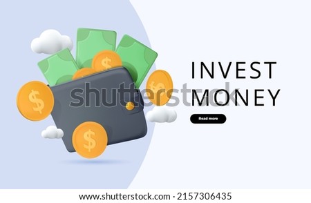 Money online, website ui, template, application for financial transaction. Invest money online. 3D Wallet with coins and dollars. ATM, Money transfers. Business savings and refunds. 3D modern render