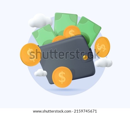 Money online, website ui for financial transaction. Invest money online. 3D Wallet with coins and dollars. ATM, Money transfers. Business savings and refunds. 3D modern render. Digital wallet icon