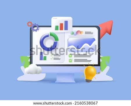 3D Web UI interface. Data analytics, SEO Optimization dashboard and business finance report. Investment or website SEO screen PC concept. Analytics Data KPI Dashboard Tech. Vector Illustrations