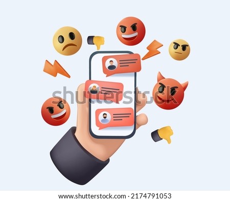 Hand holding phone with incoming bullying message in chat 3D illustration. Harassment problem. Cyber bully in social media side effect. 3D online dislike icon social media, cyber bully mockery problem