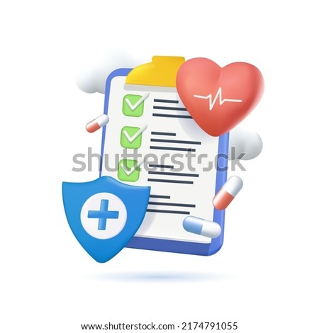 3D Health insurance icon concept. Life insurance, family health care protection. Big clipboard with document checklist. Healthcare, finance and medical service. Isolated vector illustration 3D cartoon