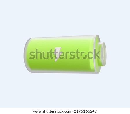 3D Battery charge indicator icon. Wireless charging energy sign. Level battery energy. On white background. 3D Vector illustration. Electric discharge or lightning, high voltage, full battery. 3D UI