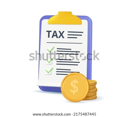 3D business icon. Filling tax form. Accounting, financial management, corporate tax, taxable income concept. 3d vector icon. Tax payment, financial revenue, business planning. Render Cartoon minimal