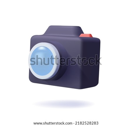 Photo camera. 3d vector icon. Photocamera with with lens and button render icon. Camera symbol for your web site design, logo, app, UI. Vector illustration, EPS10. Modern polaroid icon 3D render