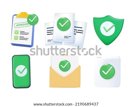 Agreeing, online esignature into legal document. Signing offer. 3D render vector checkmark icons. 3D approve symbol and quality guarantee certificate. Business contract. Vector approve signs set