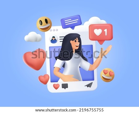 Social media post, blogging. Influencer blogger girl character. Like, share and comment promo. Selfie creative idea. SMM Social profile insta frame young star. Vector illustration. Modern 3d render