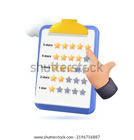 3d customer review. Clipboard rating feedback. Five stars for best excellent rating. 5 star quality customer rating feedback. clipboard task todo check list, product review. 3d feedback vector render