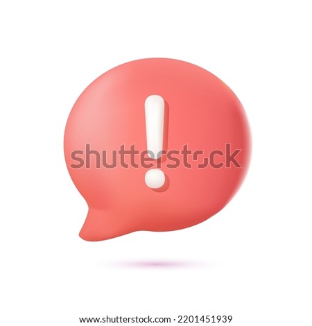 3d attention icon caution sign, error, risk mark. Alert or danger exclamation. White exclamation mark on red circle isolated on white background. 3D render speech bubble vector illustration.