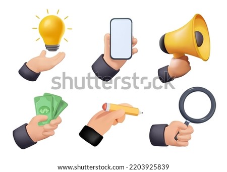 3D Hands gestures illustration set. Character hands making thumbs up, holding smartphone, pencil and other business objects. 3D render. Vector illustration isolated on white