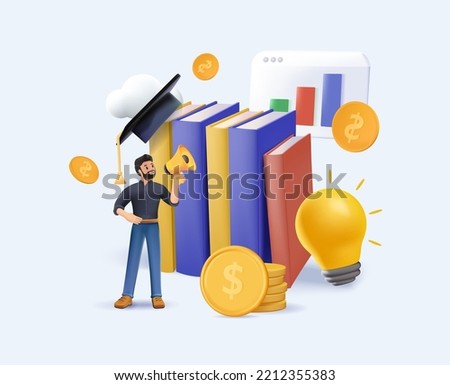 3D Financial education render illustration set. Student 3D characters investing money in education and knowledge. Personal finance management and financial literacy concept. Vector render illustration