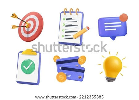 3d Business icons set. Realistic render illustration. Light bulb, target, checklist, credit card. Financial credit card, tax design elements. 3D Vector bubble talk. Business icons free to edit