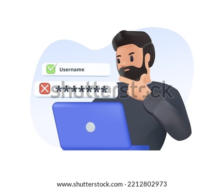 3D illustration wrong password isolated vector. Confused man forget password, businessman login laptop, access blocked denied. Personal data Cybersecurity industry, IT technology, lost security key