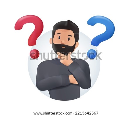 3D Choice between two options. Dilemma 3D questioned man doubting, deciding, choosing, comparing alternatives, risks. 3D render graphic vector illustration isolated on white background. Crossroads