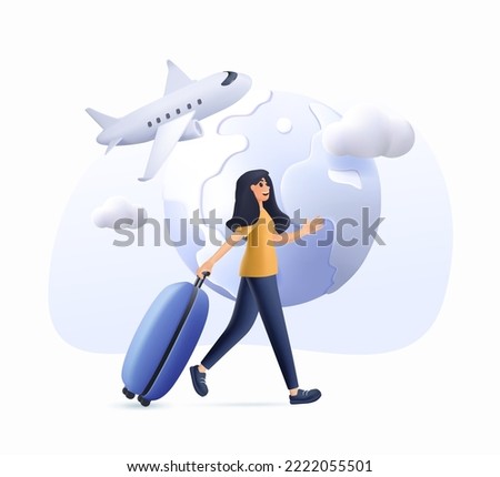 3D Businesswoman or entrepreneur carrying suitcase hurries to board departing aircraft. Concept of business travel or tourism, work in trip. Modern 3D render colorful vector illustration for banner