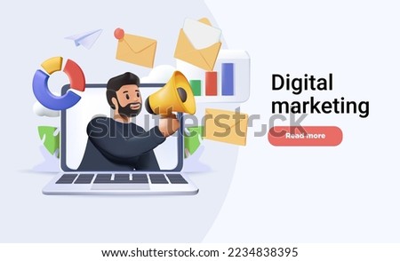 Digital marketing, email marketing. 3D Man holding megaphone sending email letters and looking graphs, managing financial income. Online correspondence 3D render vector illustration website template