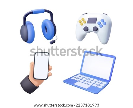 Icons set of technology isolated on white background. Computer devices 3d render vector icon set. Computer, laptop, smartphone, headphones, game console joystick. 3D render vector illustration