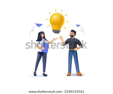 Group office workers work office or coworking space, brainstorm, idea. Business characters man and woman talking and make strategy. Light bulb lamp as new idea. 3D render vector illustration