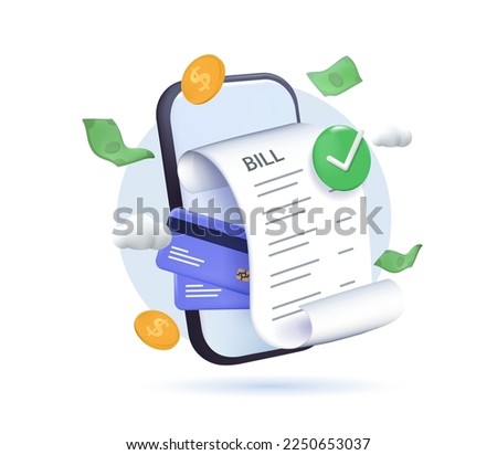 3d online bill on mobile phone banking online payments concept. 3D payment via smartphone mockup, ecommerce, finances. Mobile with financial paper, 3d internet bill 3D render vector icon illustration