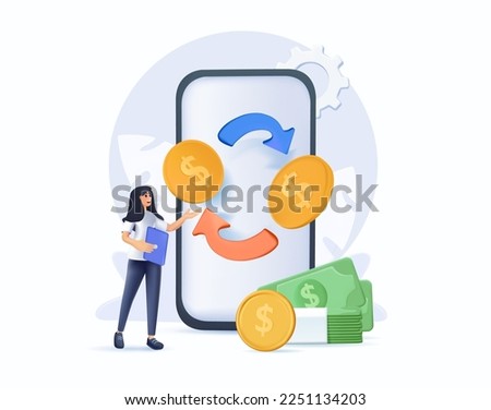 Financial illustration 3D cartoon style illustration. Character paying online and receiving bonus money or reward back on credit card. Cashback, financial savings money exchange 3D Vector illustration